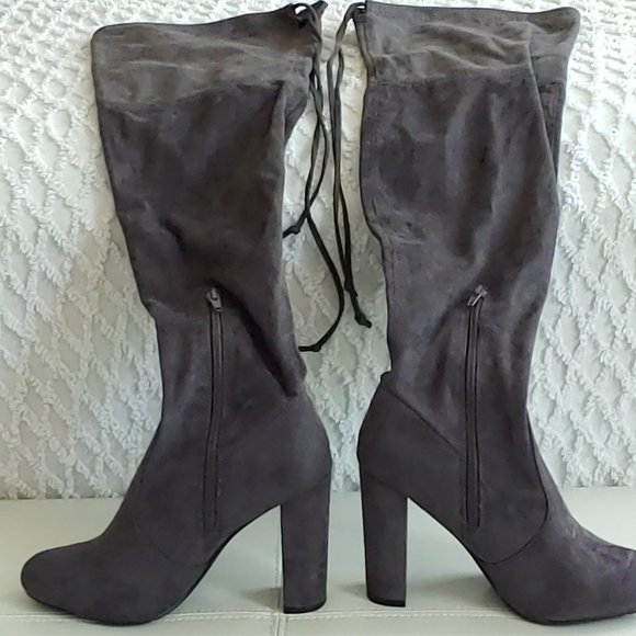 Over The Knee Faux Suede Block Heel Boots String Detail - Picture 3 of 10